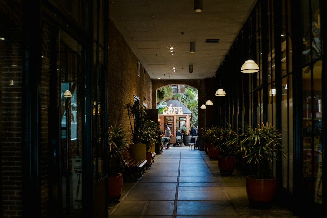 Dimly lit hallway with plants and people in distance