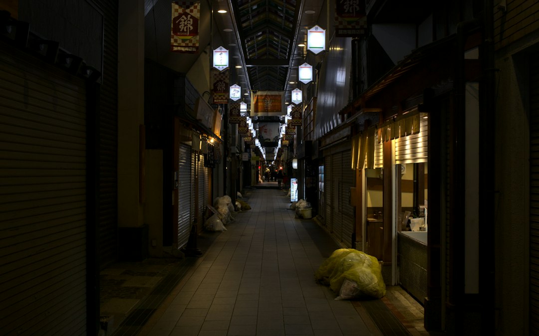 a dark alley with lights hanging from the ceiling