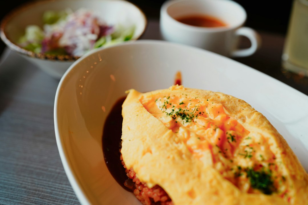Omelet with sides and soup ready to eat