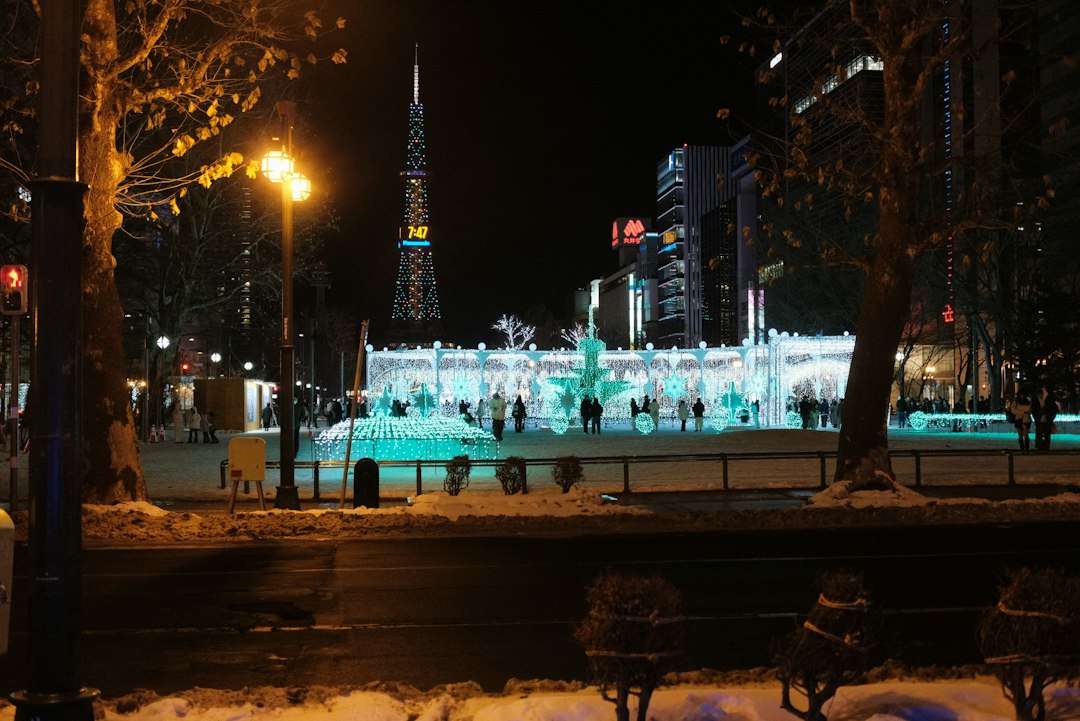 雪のある街並みと夜のあかり
